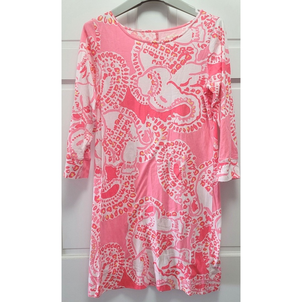 Lilly Pulitzer 100% Pima Cotton 3/4 Sleeve Pink Paisley Print T-Shirt Dress - M‎